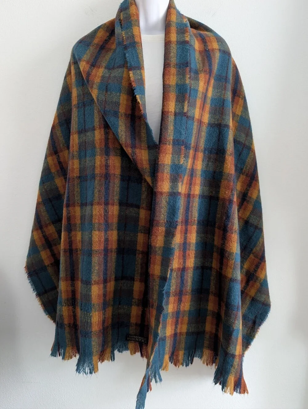 VINTAGE Wool Blanket Shawl Scarf Teal Plum Copper Gold Navy Fringe Wrap 80x24
